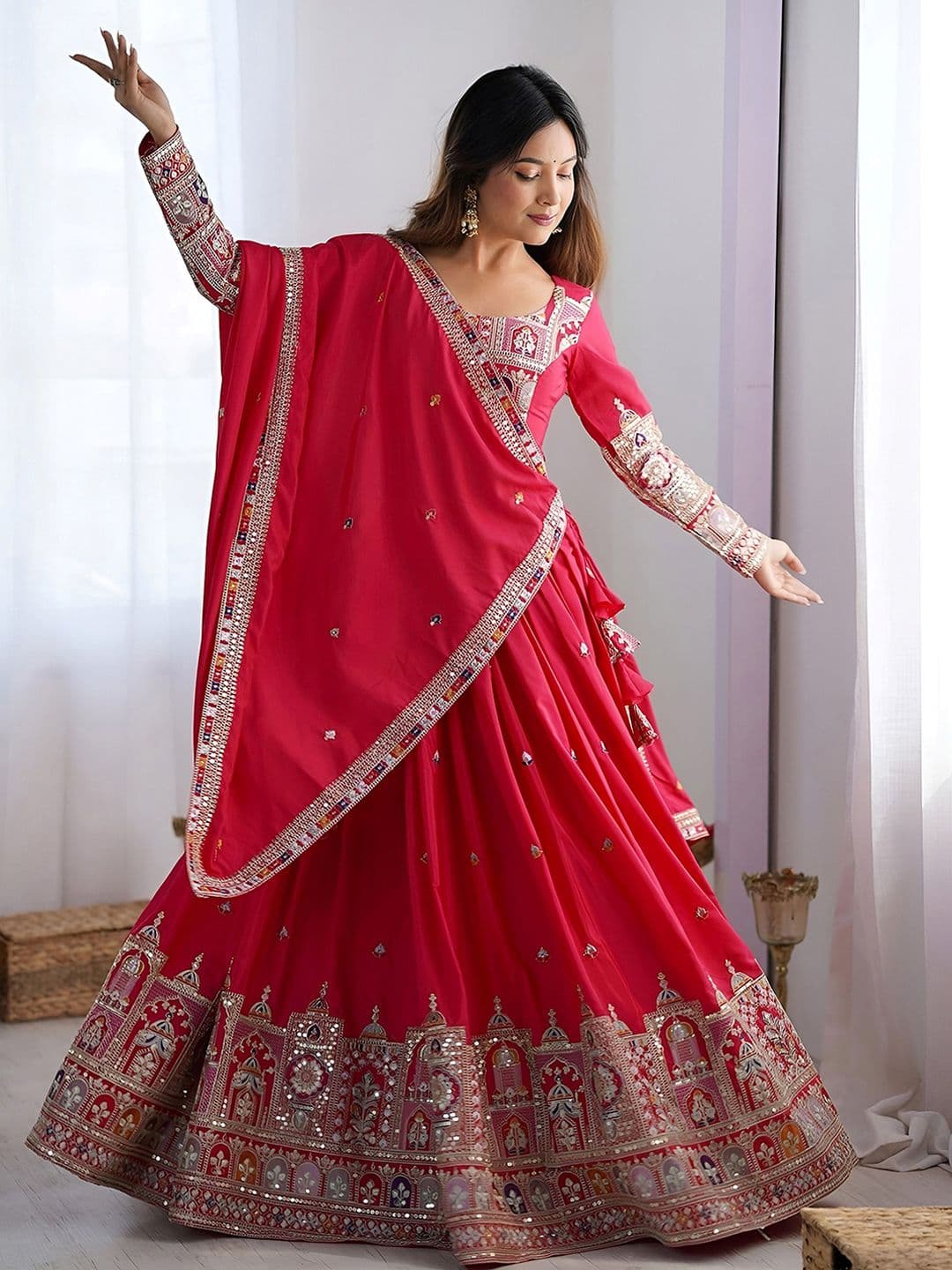 ETHNIC PLUS Sequinned Embroidered Lehenga Choli With Dupatta - view 1