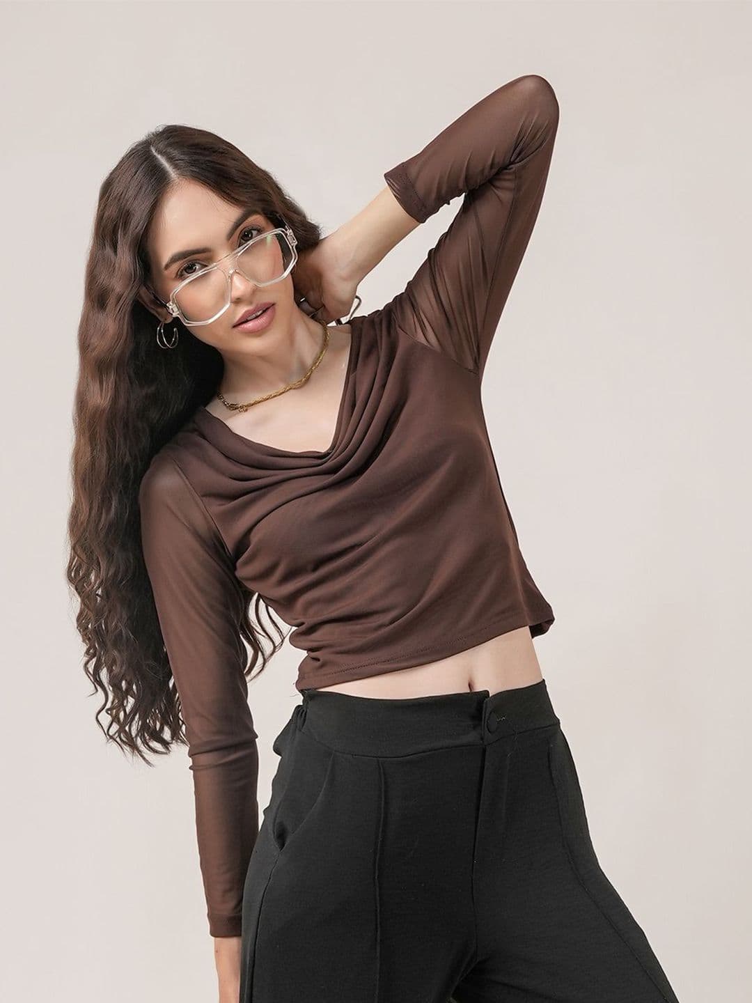 clobug Women Cowl Neck Sheer Net Crop Top - view 1