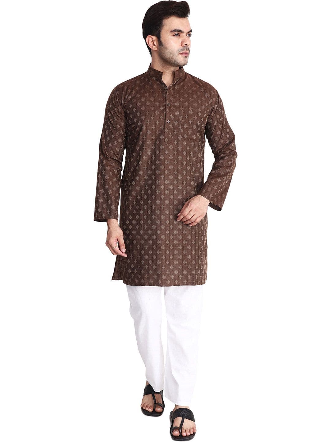 Aaryavar Geometric Woven Design Mandarin Collar Thread Work Cotton Straight Kurta - view 1