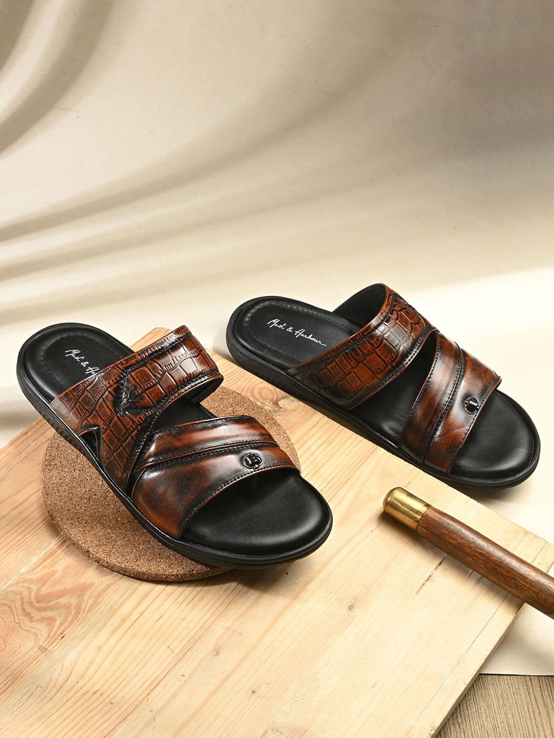 Mast & Harbour Men Textured Slip On Leather Ortholite Impressions Comfort Sandals - view 1