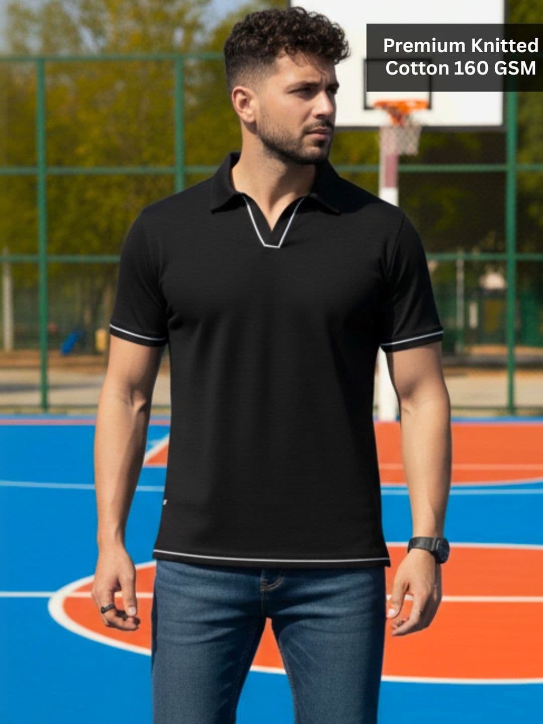 Rigo Men Solid Polo Neck Cotton Black Tshirts - view 1