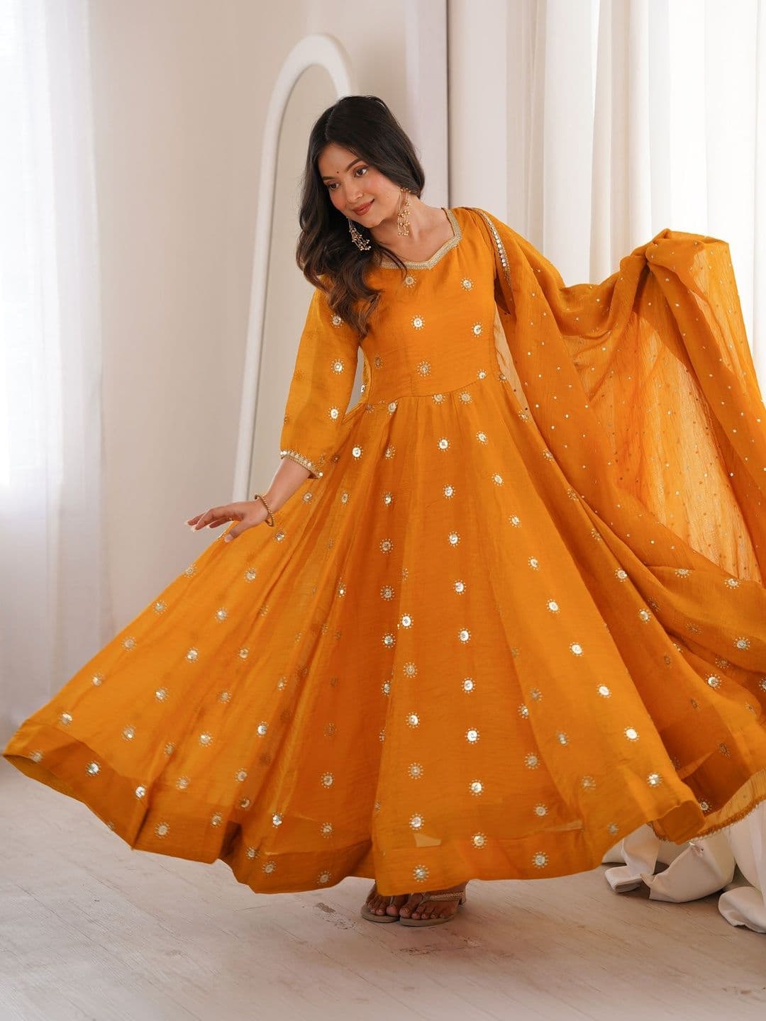 Ethnic Yard Women Ethnic Motifs Embroidered Sequinned Silk Georgette Kurta with Pyjamas & With Dupatta - view 1