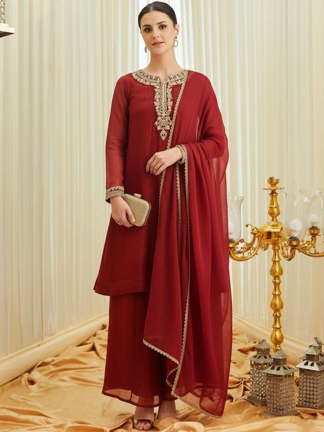 MOKOSH Women Silk Embroidered Anarkali Kurta With Palazzo And Dupatta Set - view 1