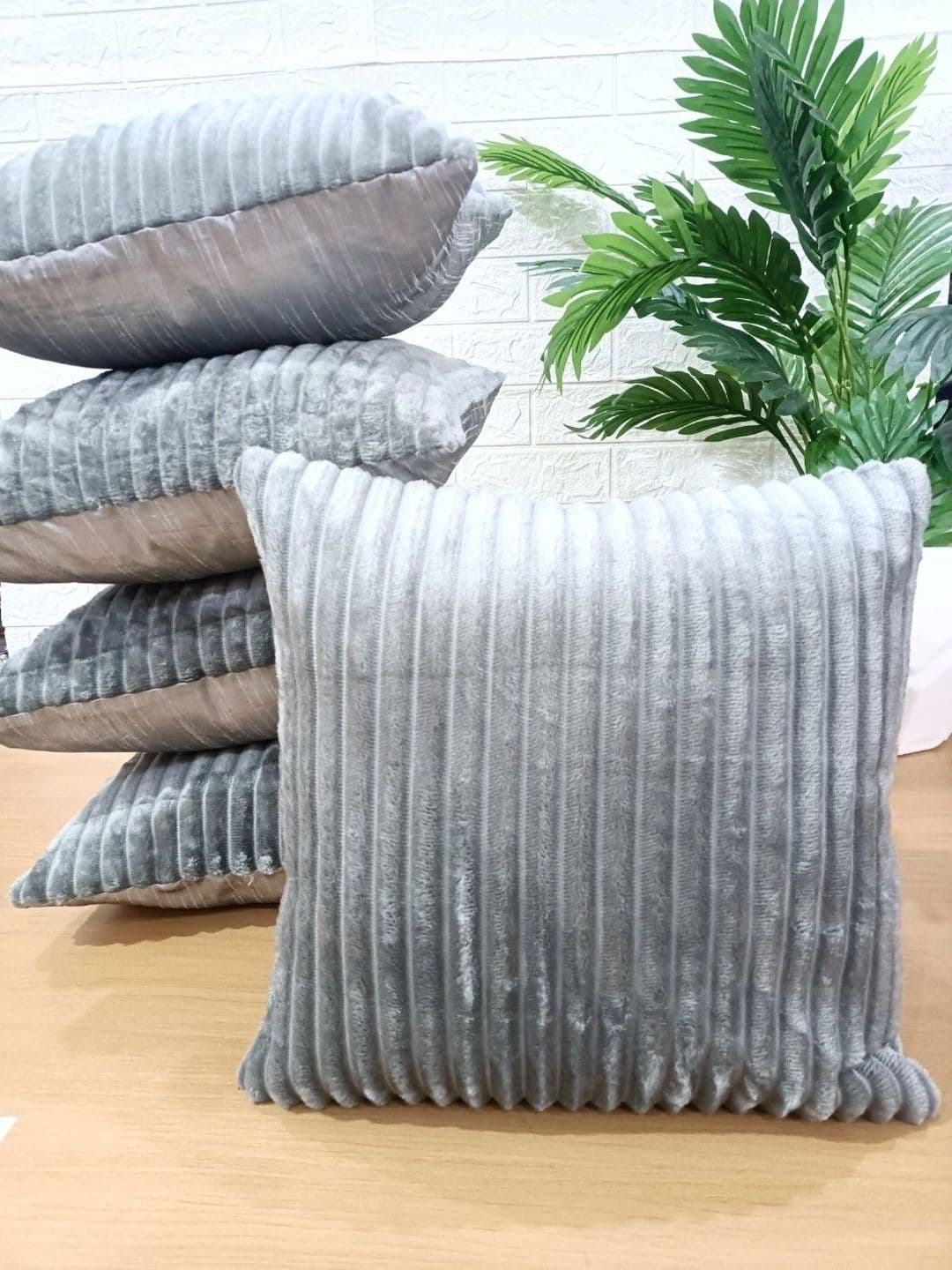 LOFEY Pink Set of 5 Striped Velvet Square Cushion Covers - view 1