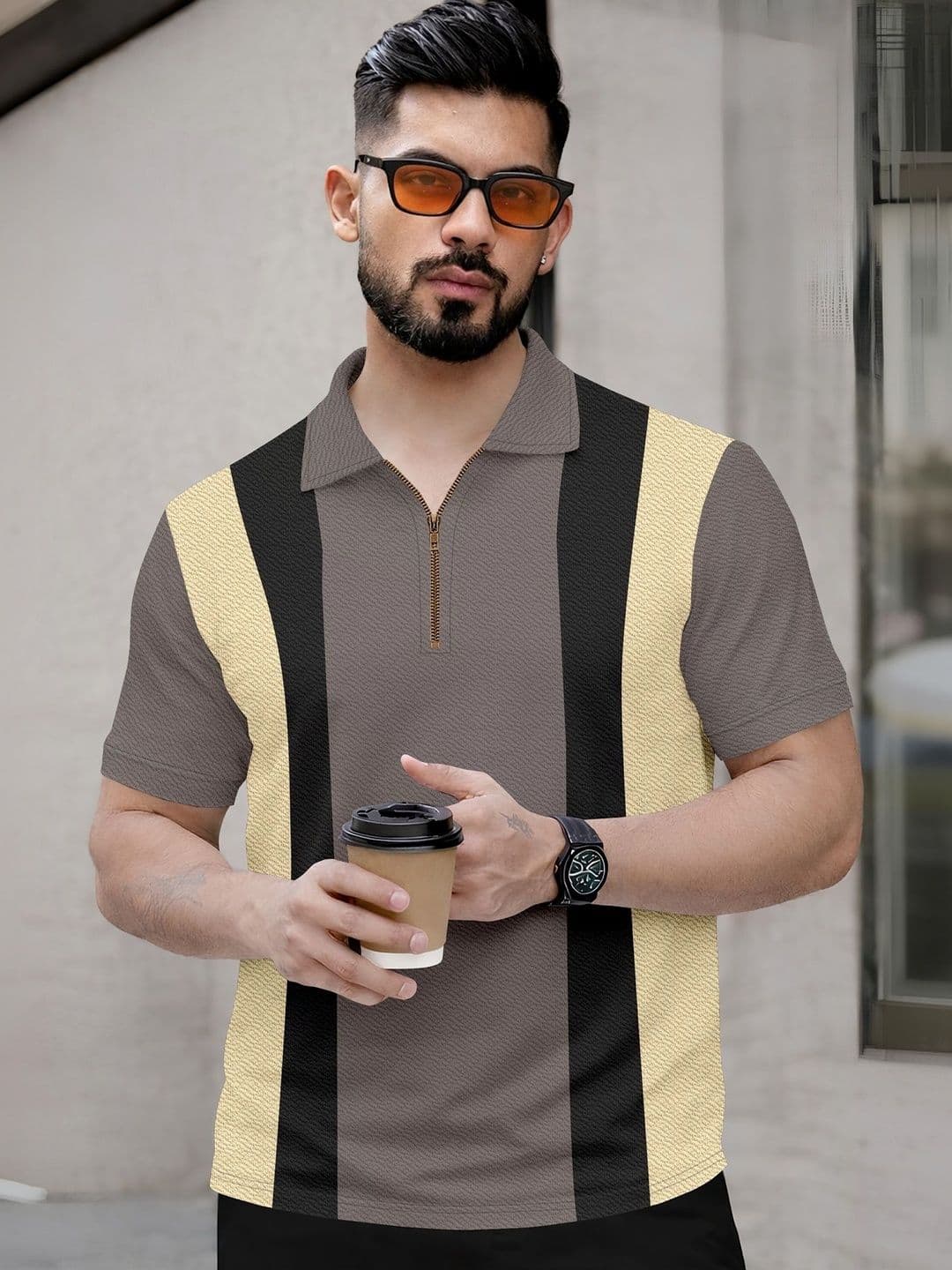 HAPPY KHAJANA Self Design Regularfit Polo Full Zipper Chain Tshirts - view 1