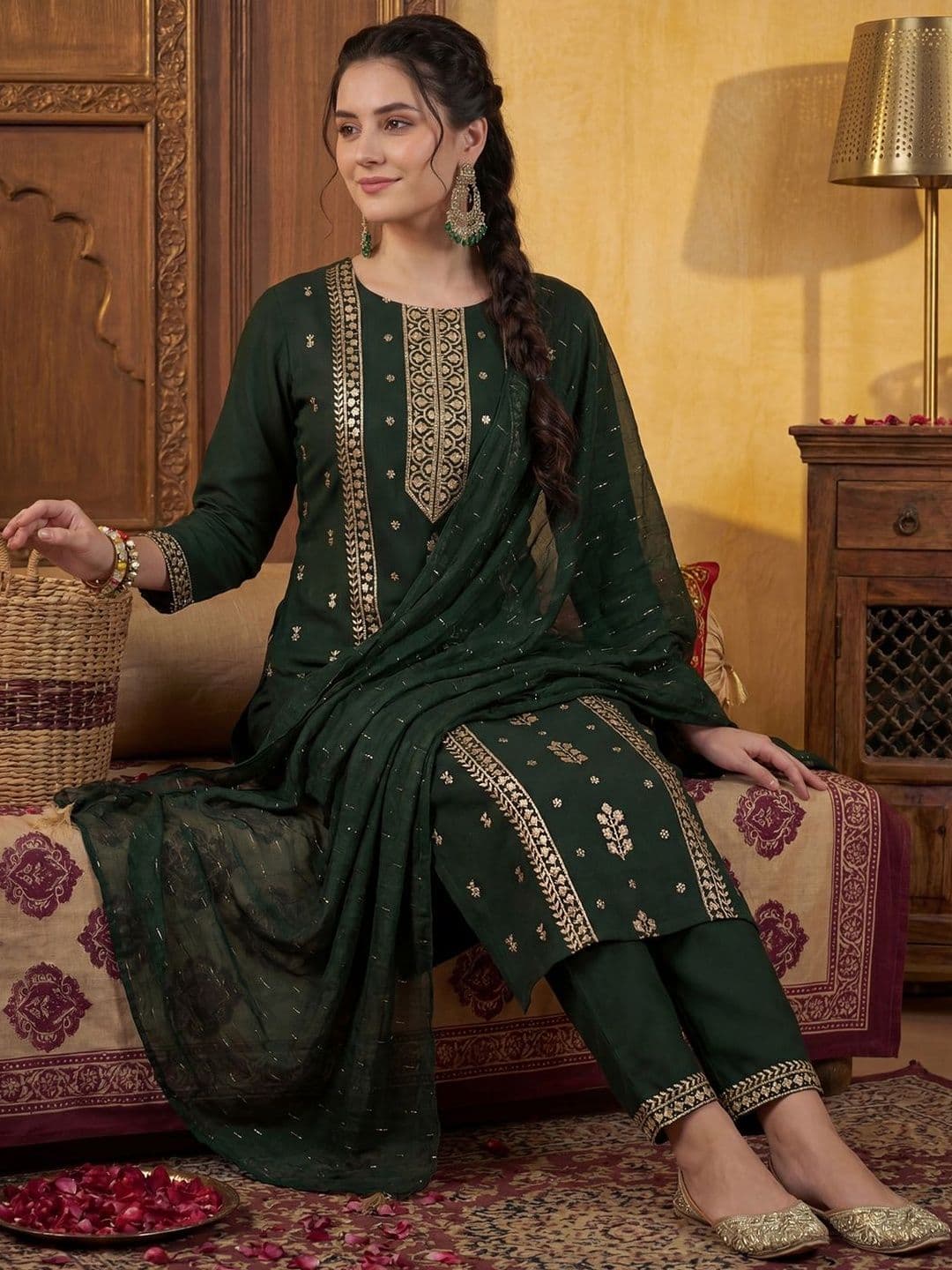 Indo Era Women Ethnic Motifs Embroidered Regular Sequinned Kurta with Trousers & With Dupatta - view 1