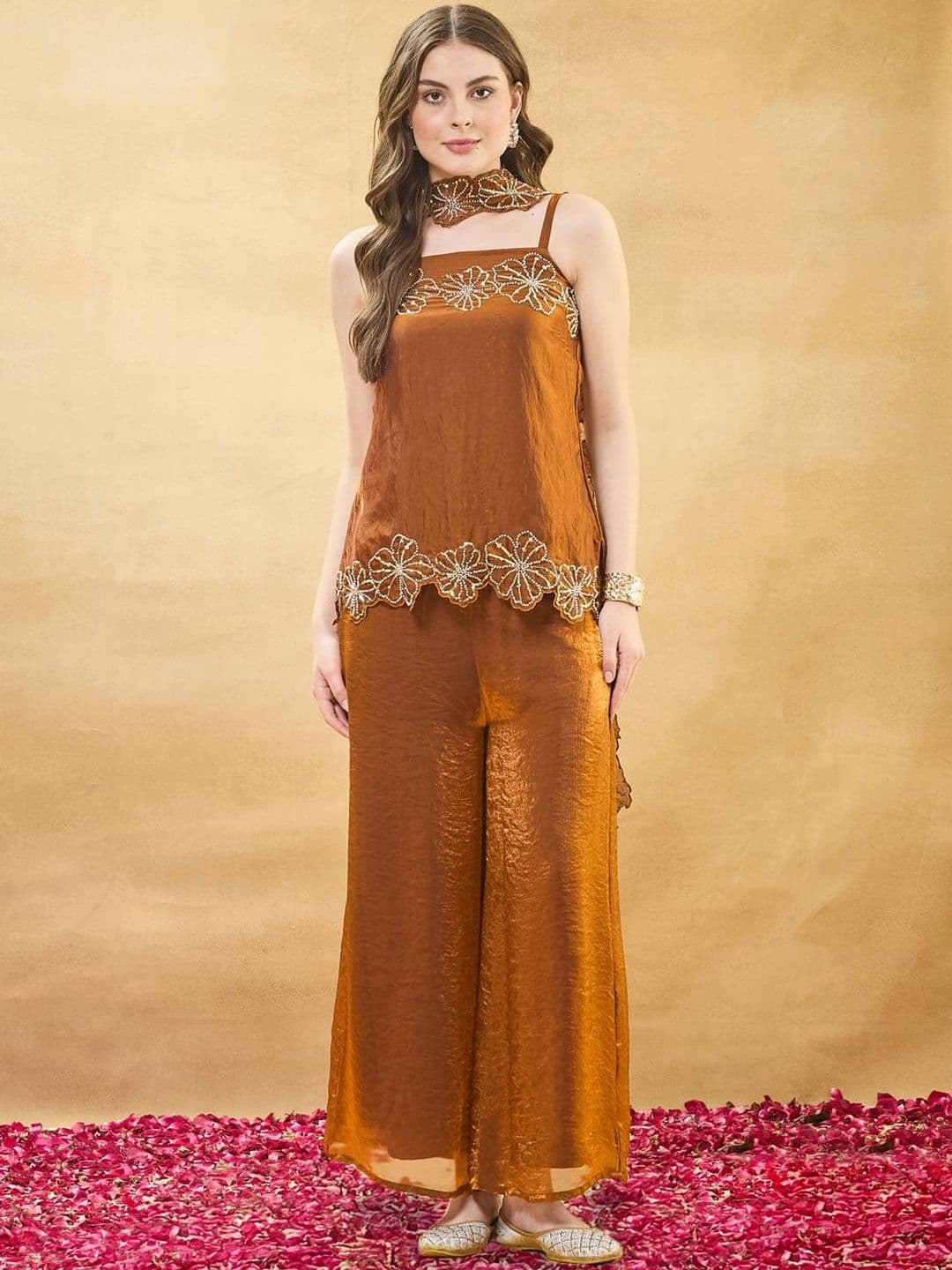 Colors of Earth Colors of Earth Silk Embroidered Beadswork Short Kurti With Bell Bottom Pant With Dupatta - view 1