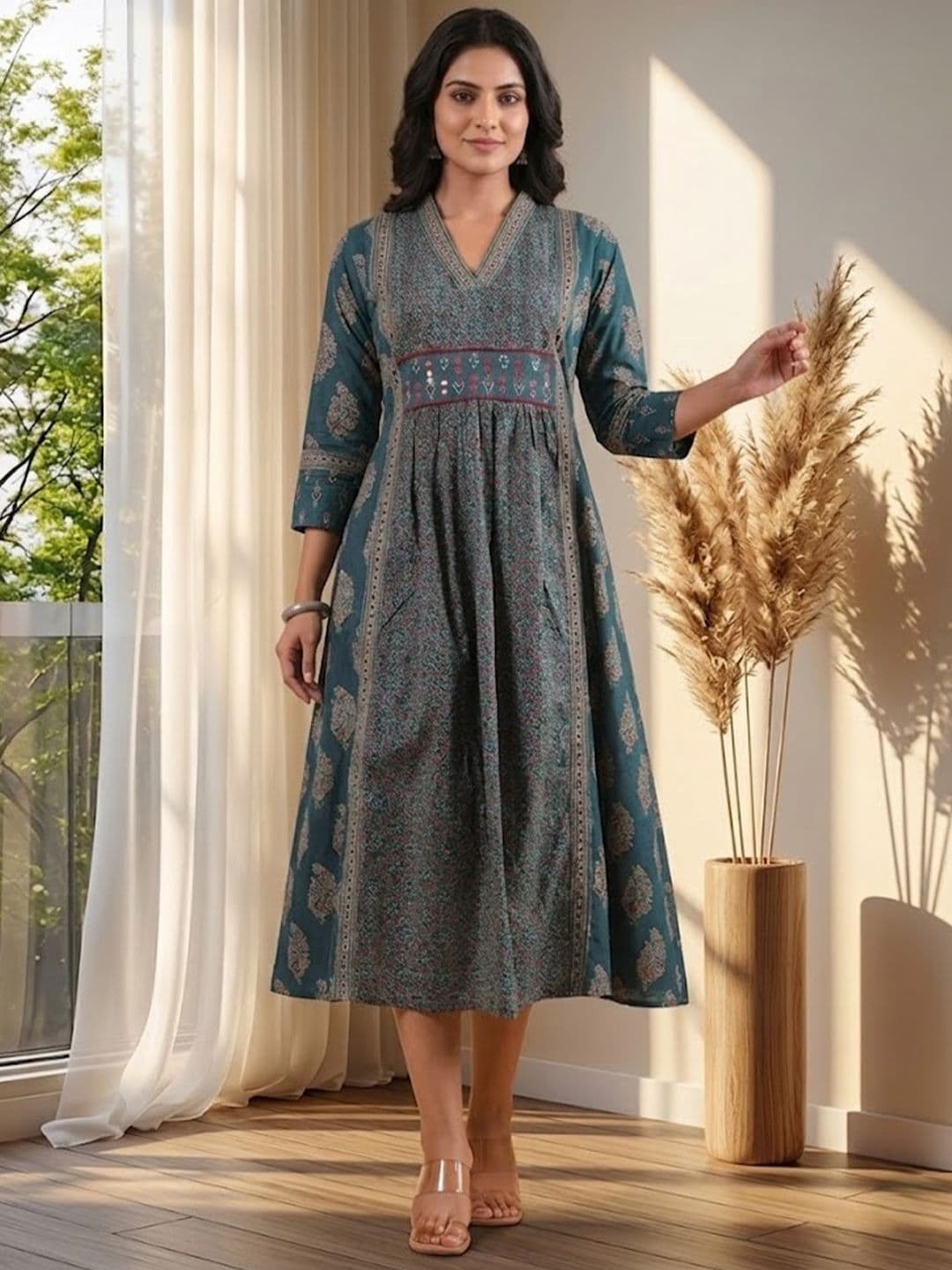 HERE&NOW Ethnic Motifs Print A-Line Midi Dress - view 1