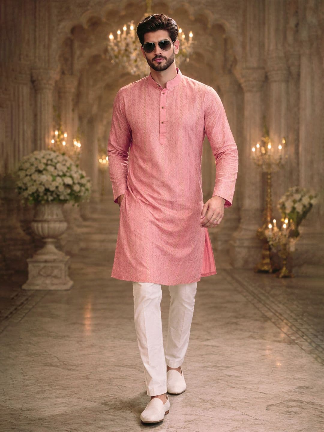 House of Pataudi Pink Embellished Mandarin Collar Long Sleeve Sequins Straight Kurtas