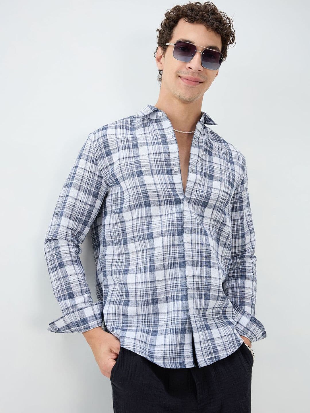 VASTRADO Navy & White Plaid Checks Jacquard Shirt - view 1