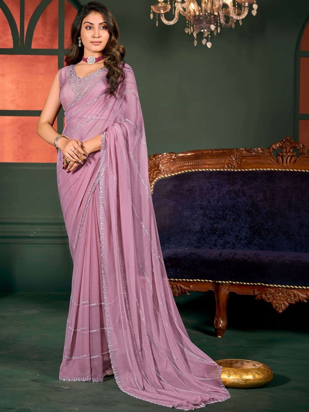 VIYONA FASHION Beads and Stones Poly Chiffon Saree - view 1