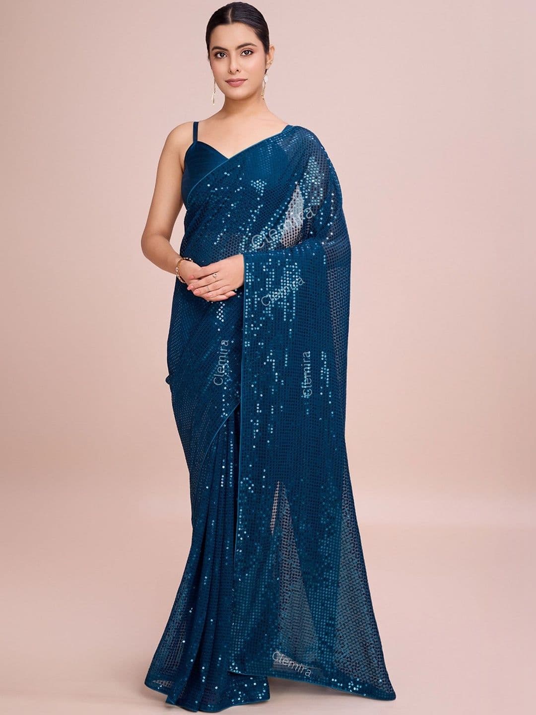 DIVASTRI Ethnic Motifs Sequinned Pure Georgette Designer Saree - view 1