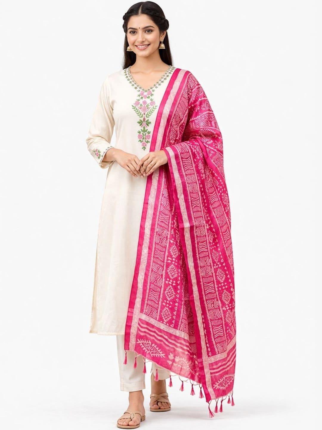 Chandbaali Women Floral Embroidered Regular Pure Cotton Kurta with Trousers & With Dupatta - view 1