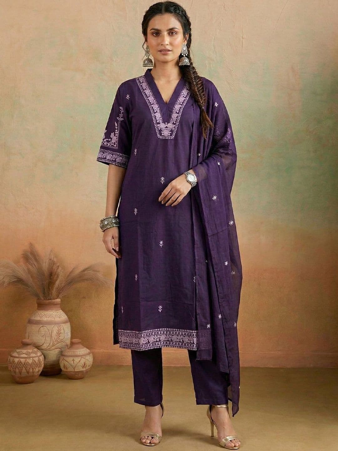 Anouk Women Embroidered Regular Pure Cotton Kurta with Trousers & With Dupatta - view 1