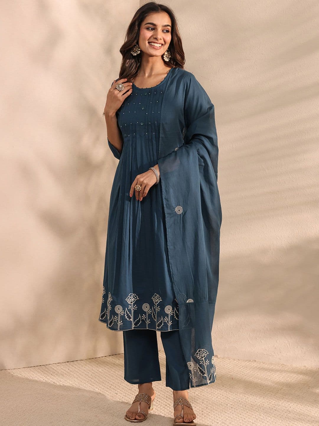 Libas Teal Floral Embroidered Cotton A-line Suit Set with Dupatta - view 1