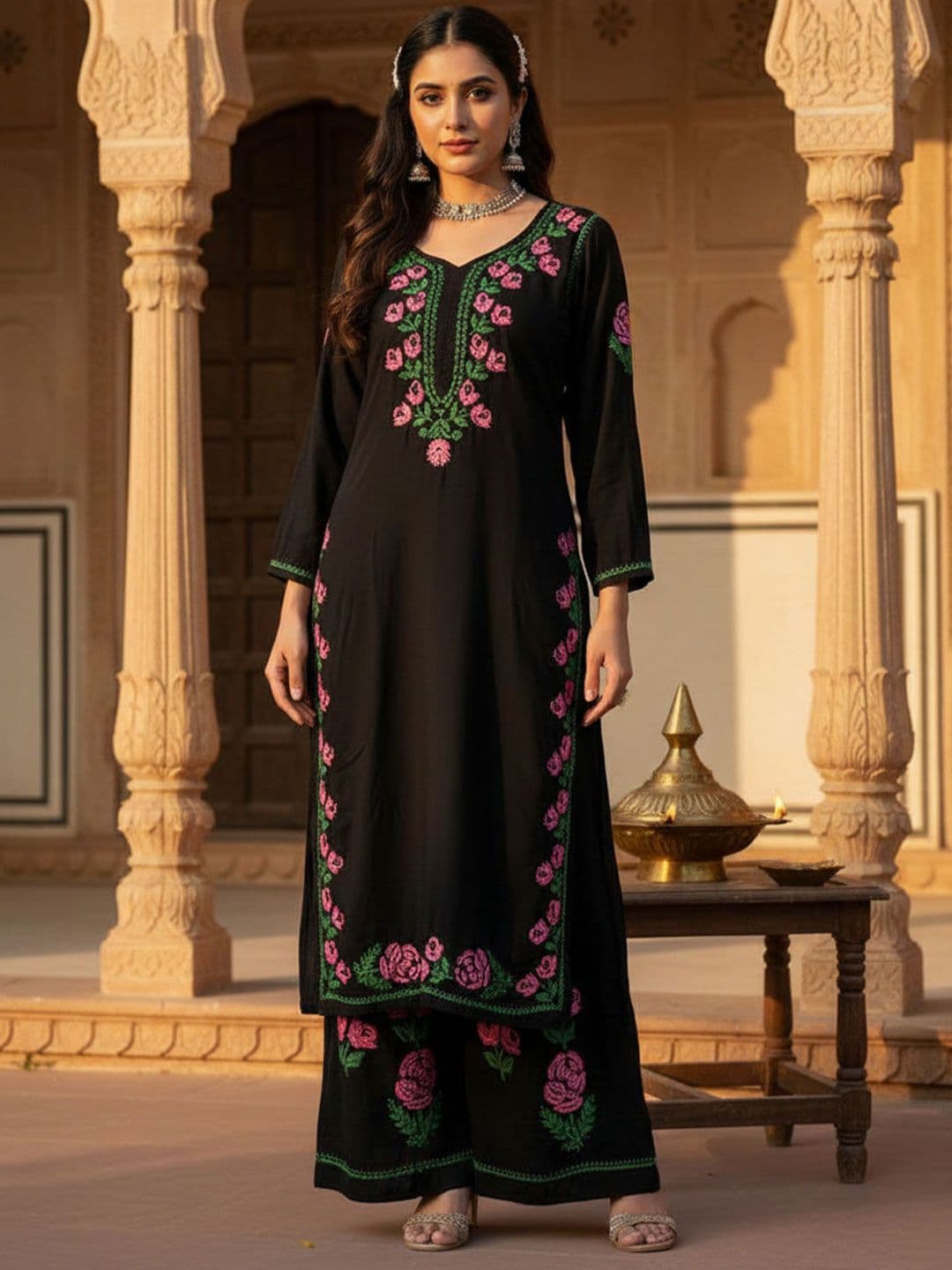 KHAKA Women Ethnic Motifs Embroidered Regular Chikankari Kurta with Palazzos - view 1