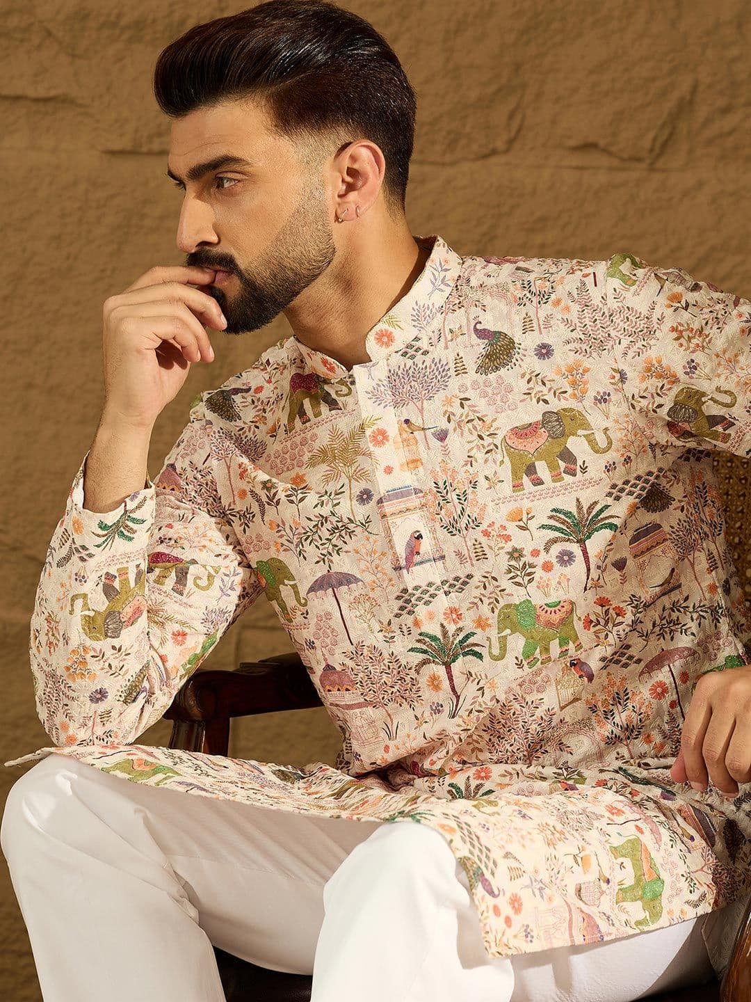 Ethnic Bay Chikankari Printed Mandarin Collar Knee Length Straight Kurta - view 1