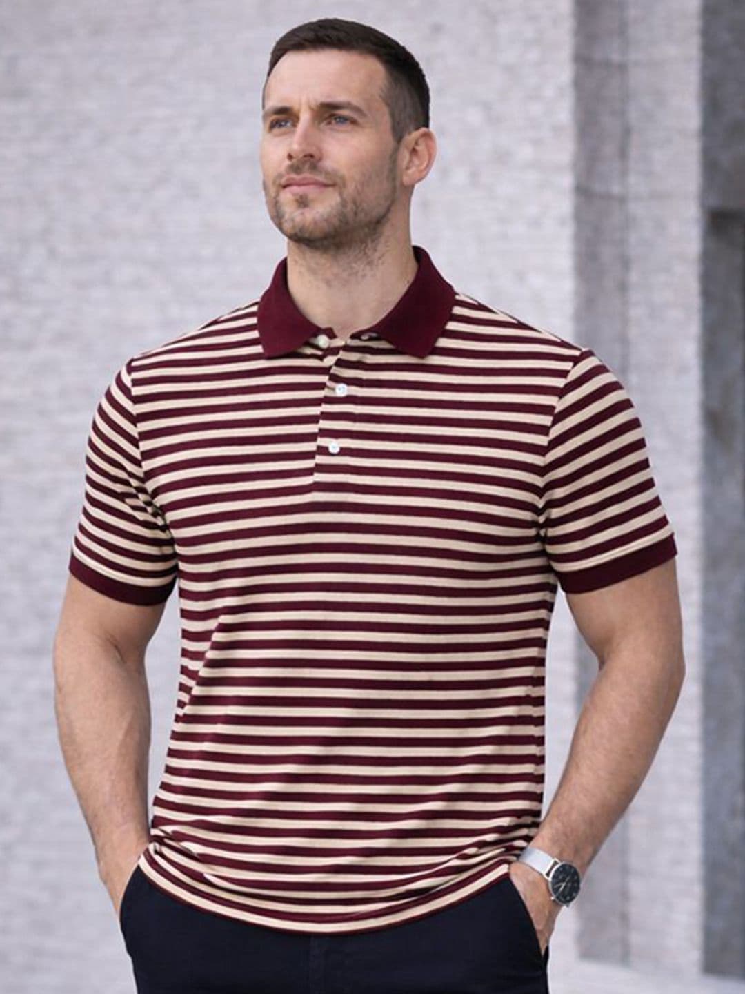 MACK JONNEY Men Striped Polo Collar T-shirt
