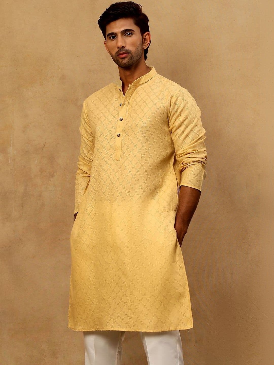 House of Pataudi Self Design Mandarin Collar Knee Length Straight Kurta - view 1