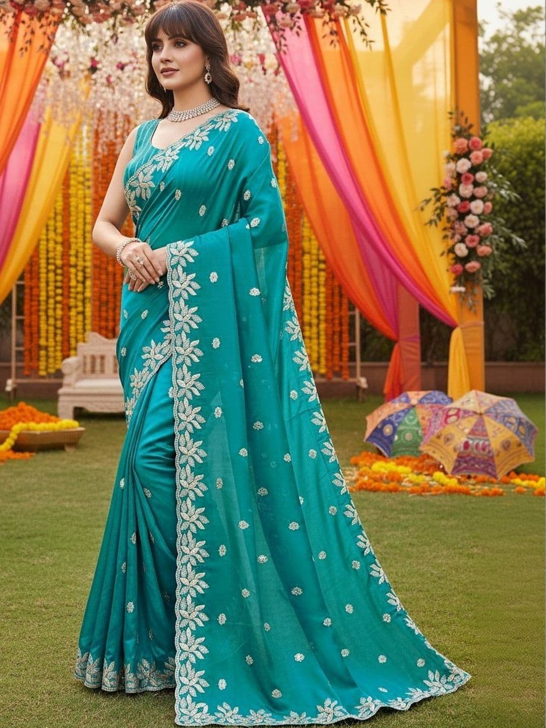 SZN Floral Embroidered Satin Heavy Work Saree - view 1