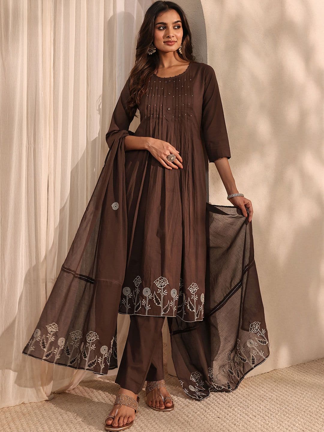 Libas Brown Embroidered Cotton A-Line Suit Set with Dupatta - view 1
