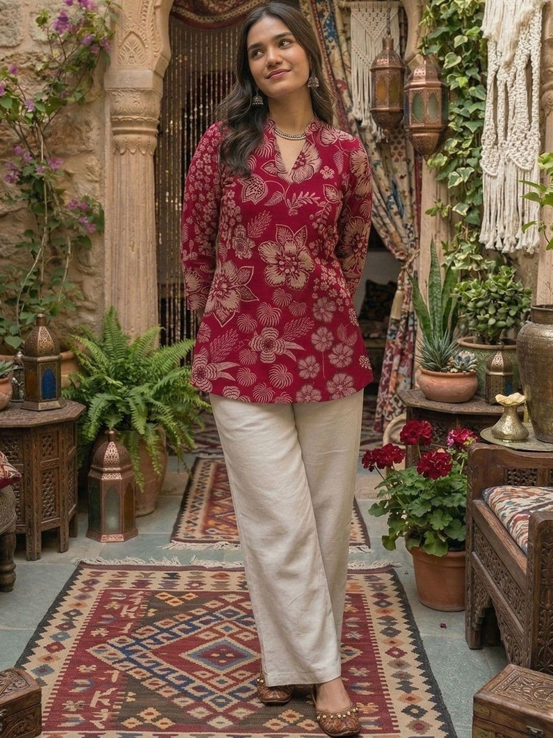 Anouk Mirage Floral Printed V-Neck Pure Cotton Blend Kurti - view 1