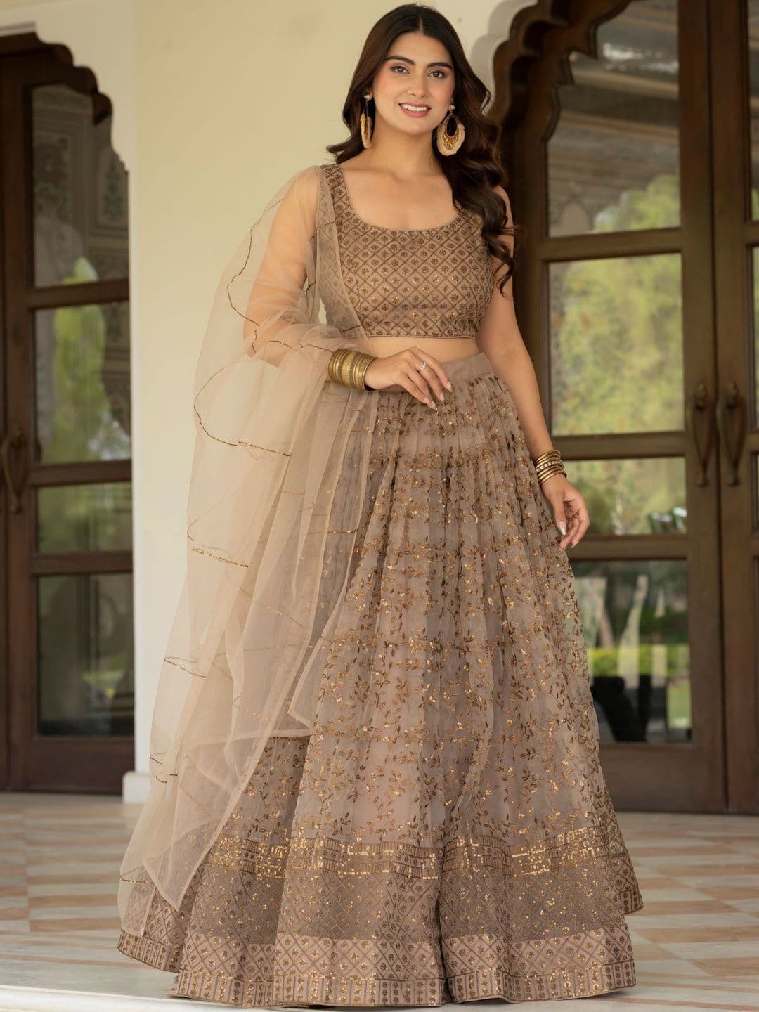 DREAM EXPORTER Women's Brown Georgette Zari Embroidery Work Semi Sttiched Lehenga choli - view 1