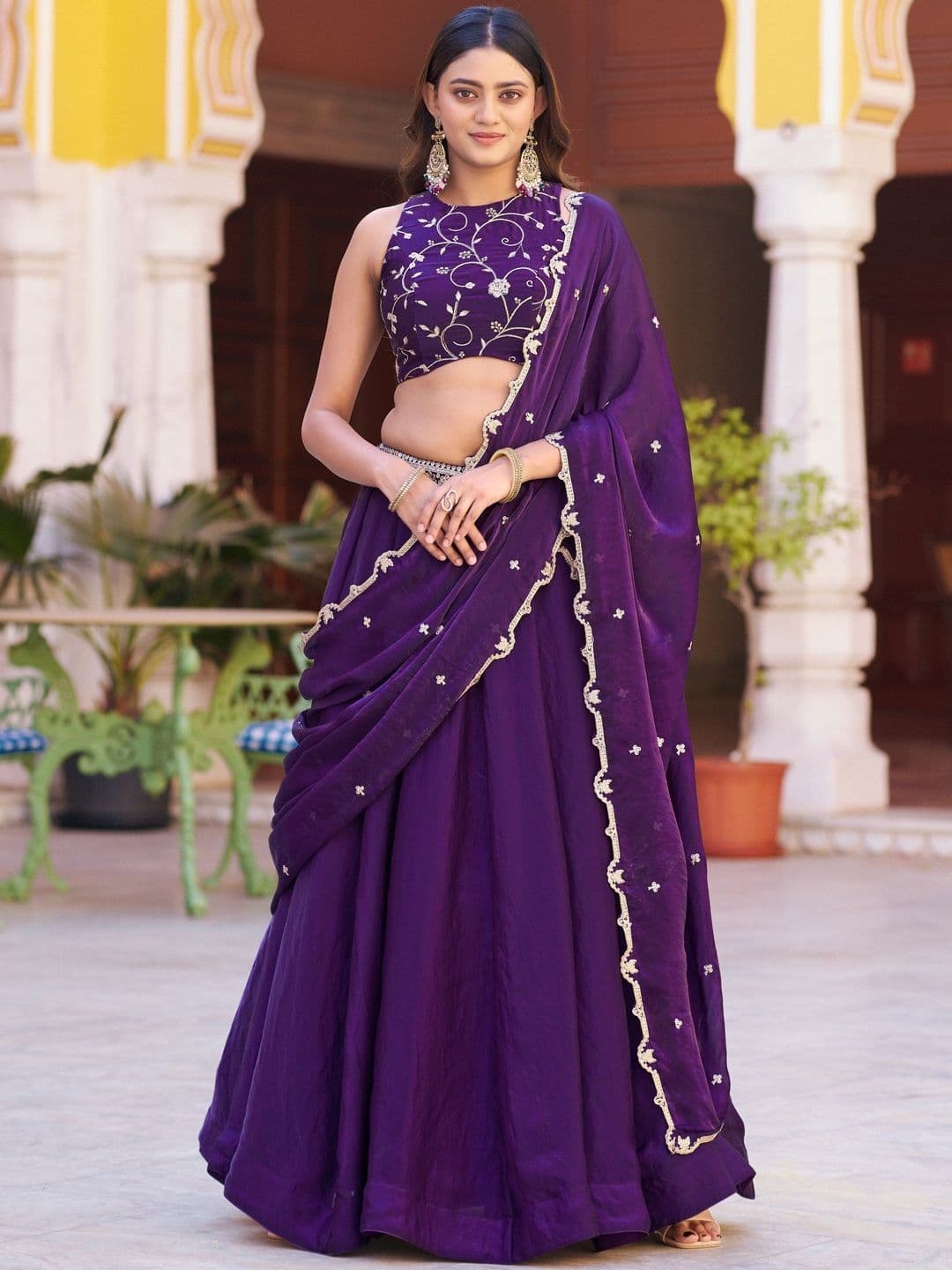 LOOKNBOOK ART Embroidered Sequinned Ready to Wear Lehenga & Unstitched Blouse With Dupatta - view 1