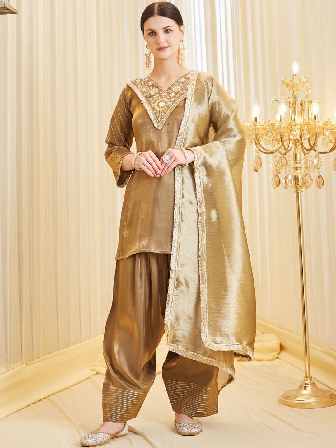 MOKOSH Women Silk Embroidered Mirror work Kurta and Farsi Pant with Dupatta Set - view 1