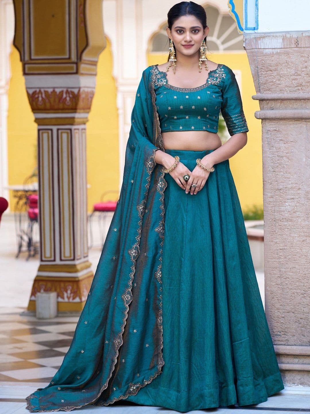 LOOKNBOOK ART Embroidered Sequinned Ready to Wear Lehenga & Unstitched Blouse With Dupatta - view 1