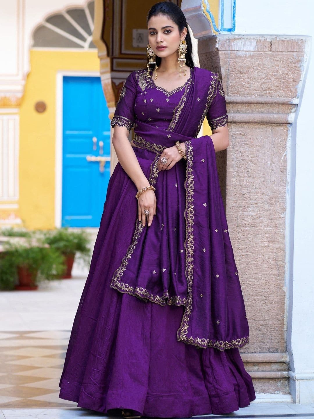 LOOKNBOOK ART Embroidered Sequinned Ready to Wear Lehenga & Unstitched Blouse With Dupatta - view 1