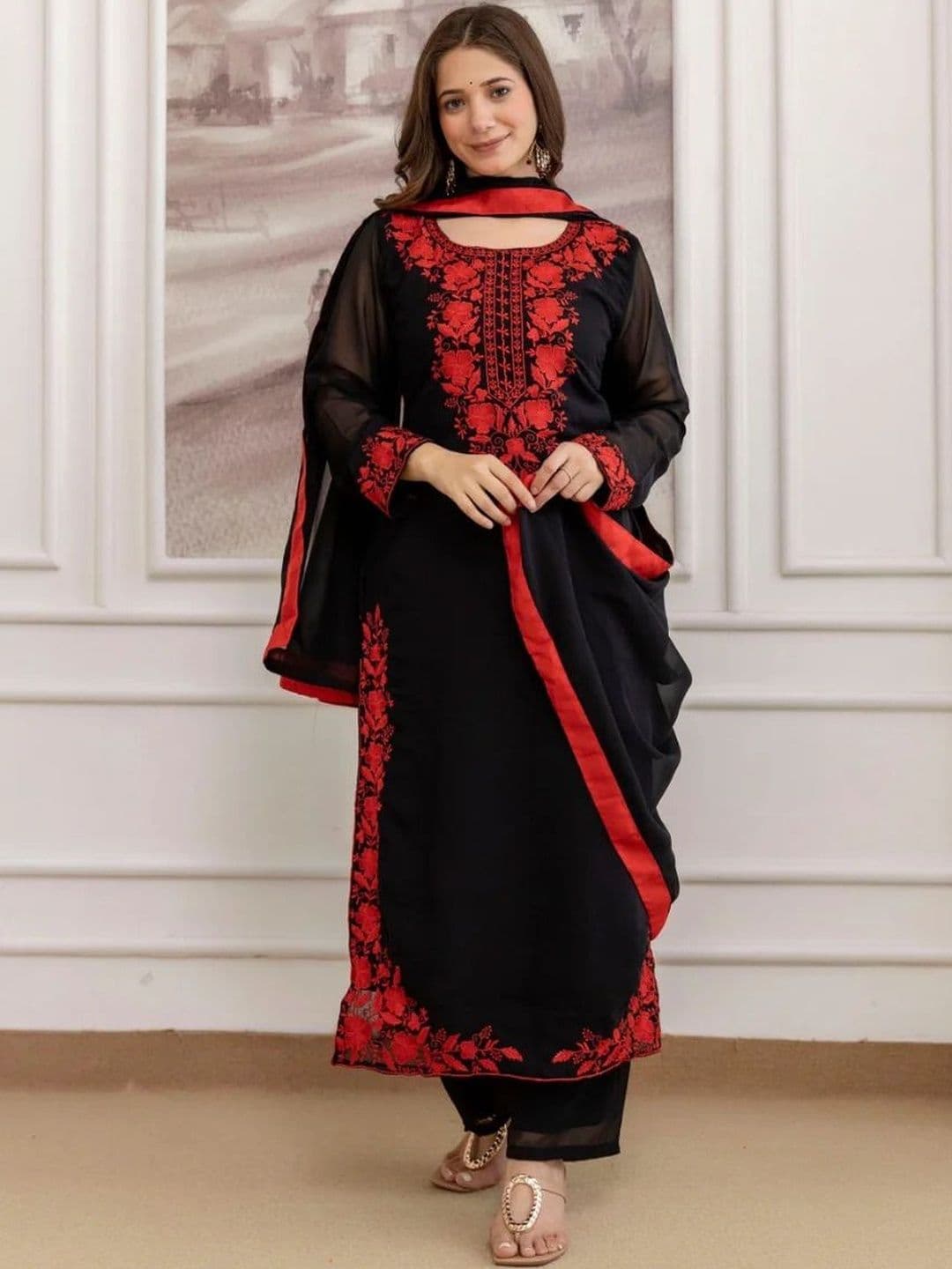 Maeswag Women Embroidered Regular Chikankari Silk Georgette Kurta with Trousers & With Dupatta - view 1