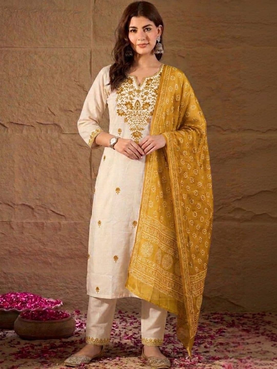 House of Pataudi Embroidered Pure Cotton Round Neck Kurta & Trousers With Dupatta - view 1