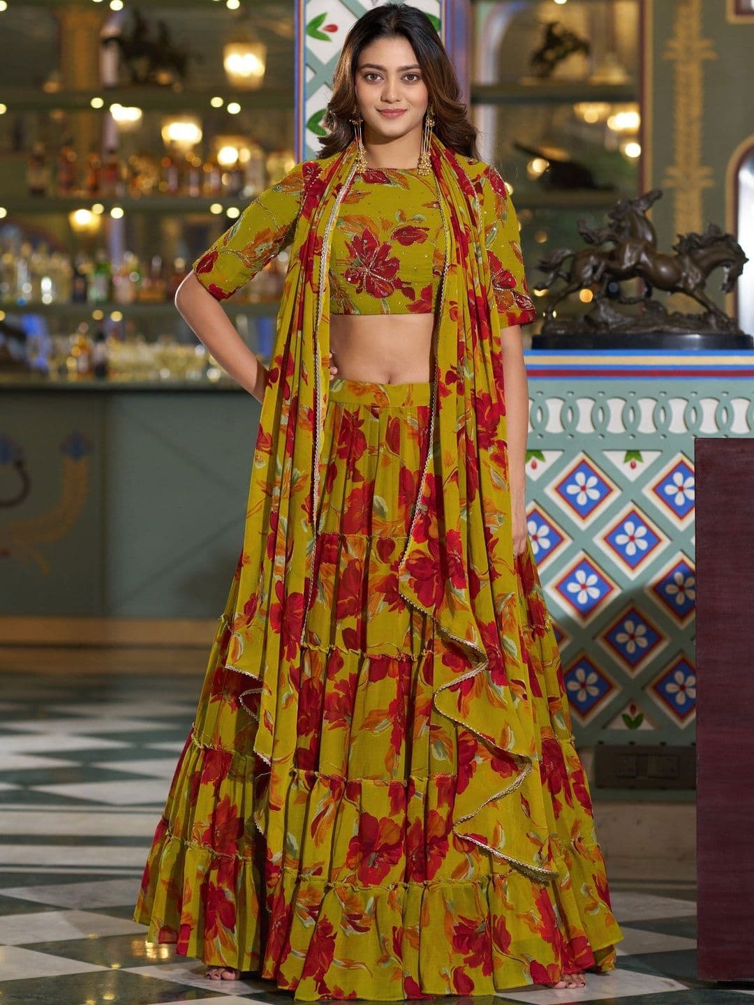 LOOKNBOOK ART Beads and Stones Ready to Wear Lehenga & Unstitched Blouse With Dupatta - view 1