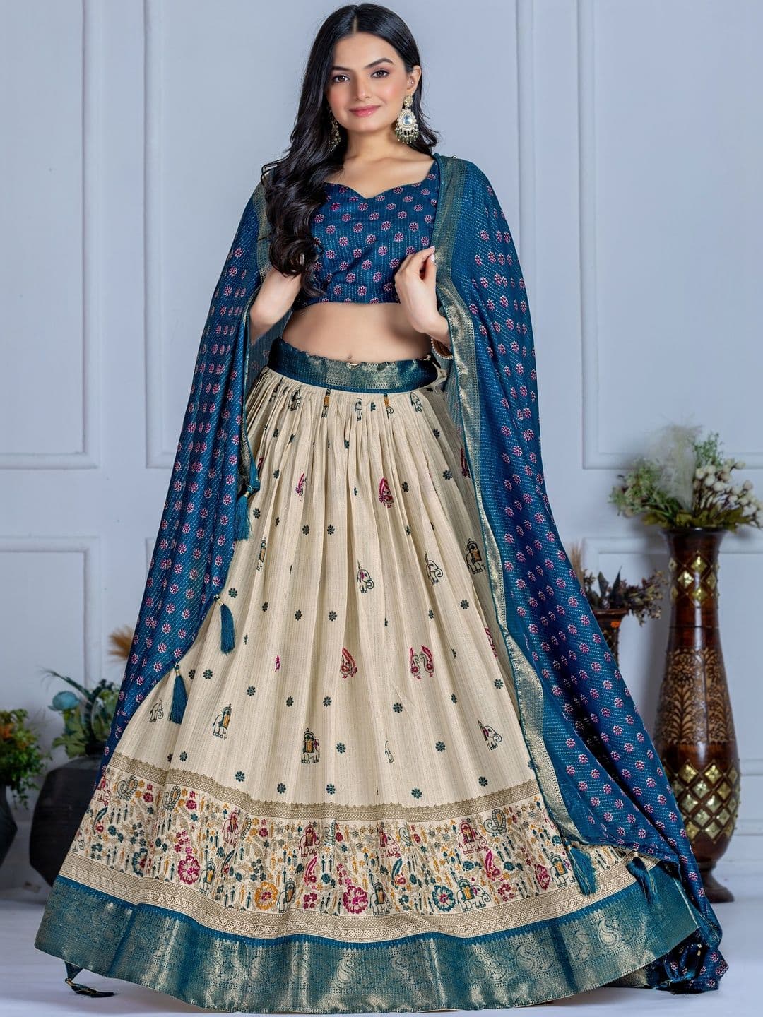 House of Pataudi Printed Boat Neck Flared Lehenga Choli - view 1