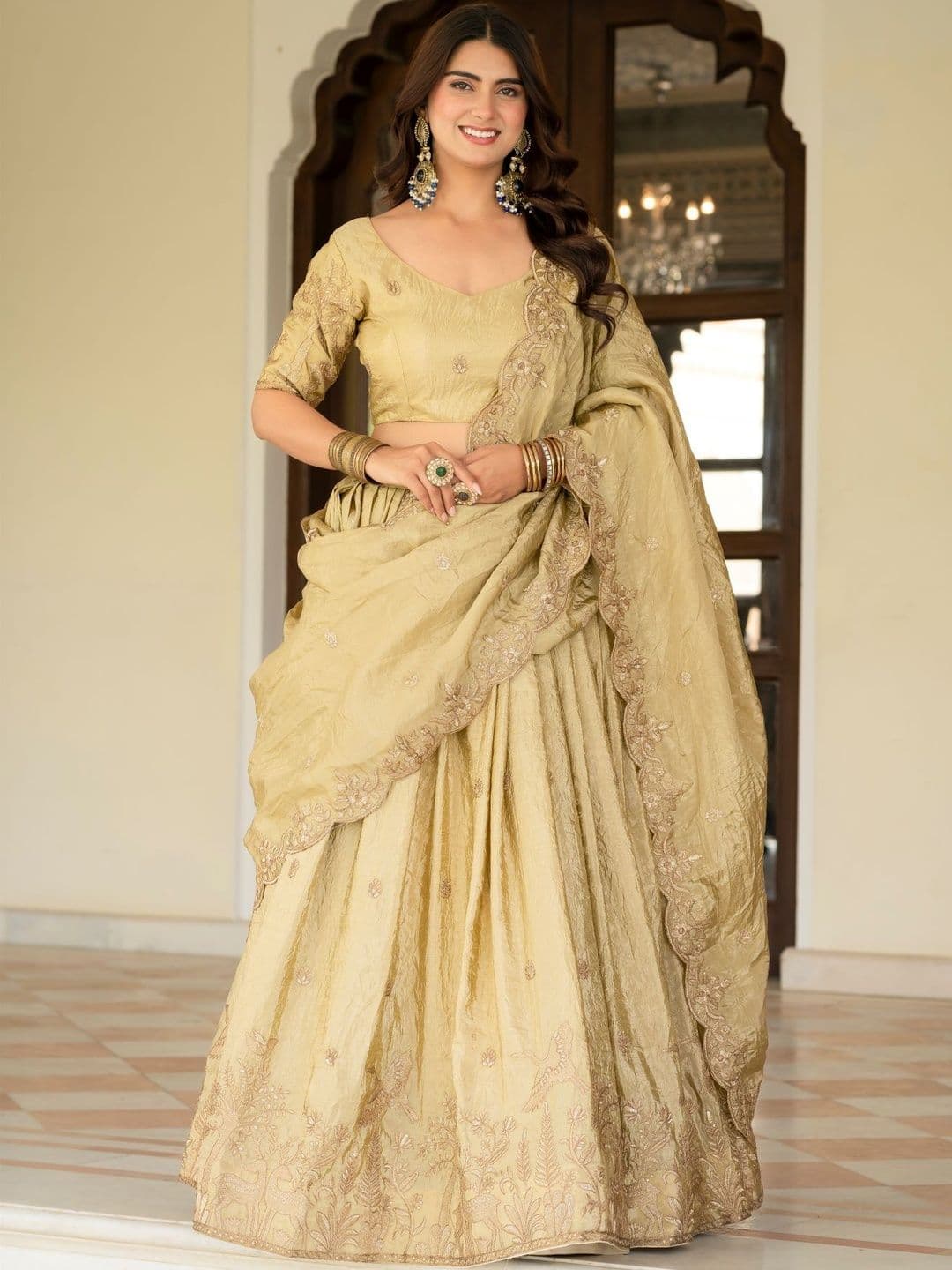 JIHU CULTURE Embroidered Sequinned Semi-Stitched Lehenga & Unstitched Blouse With Dupatta - view 1