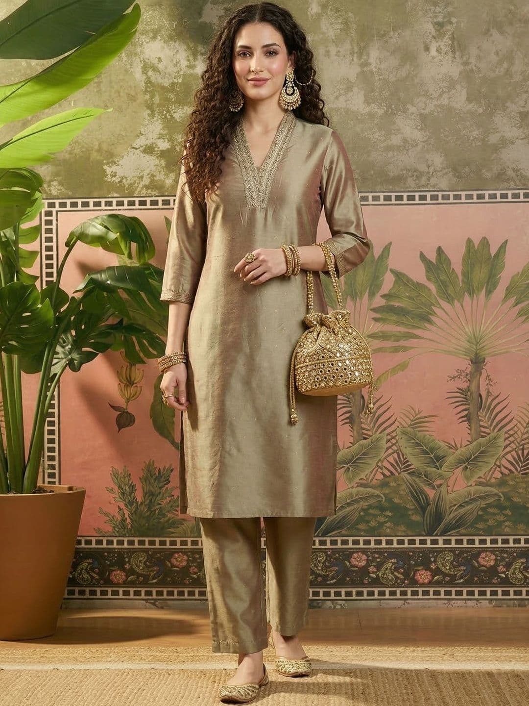 Sangria Embroidered Viscose Rayon V-Neck Kurta & Trousers - view 1