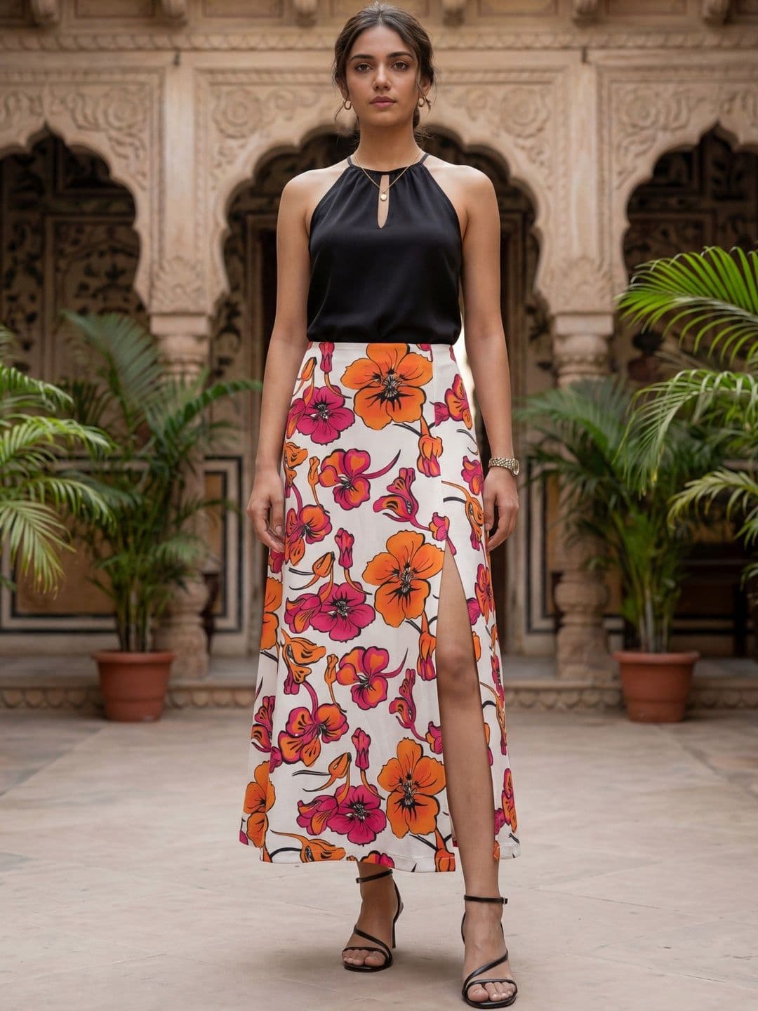 AASK Women Floral Tropical Front Slit Maxi A-Line Skirt - view 1