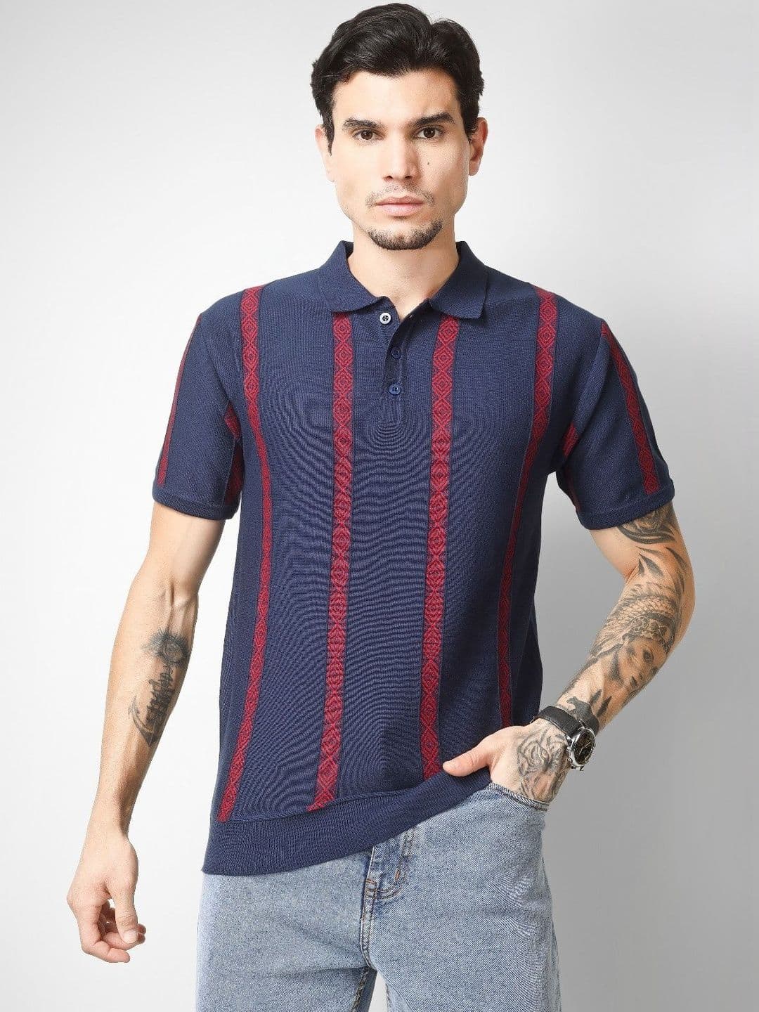 The Roadster Lifestyle Co Striped Pure Cotton Polo Collar T-Shirt - view 1