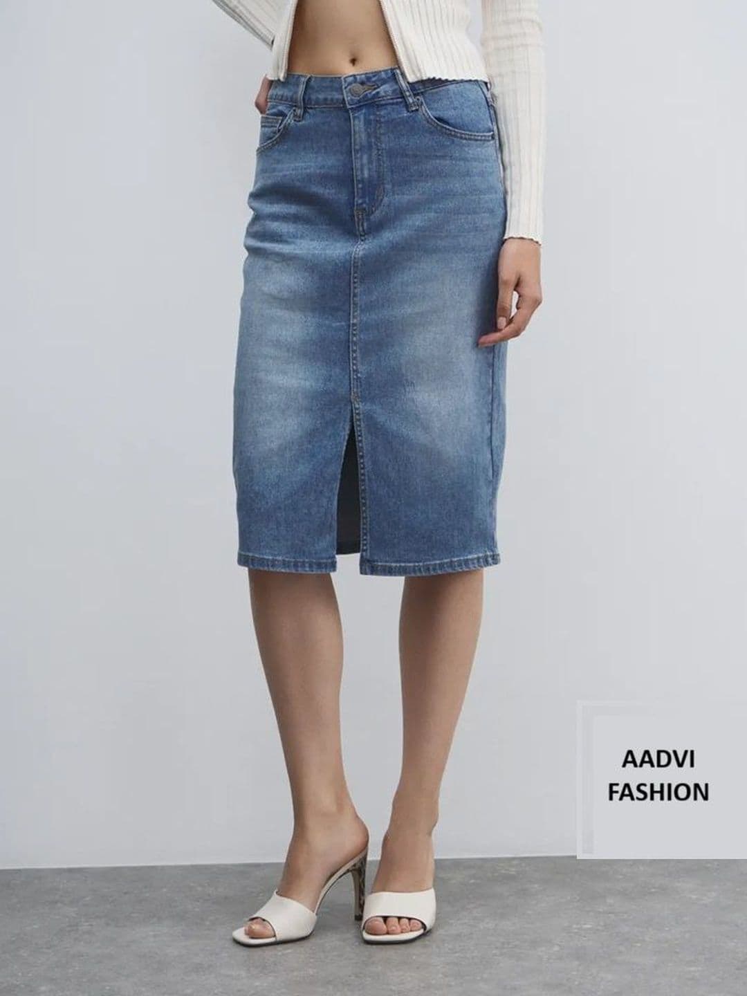 Aadvi Fashion Women Denim Self Design Korean Front Slit Above Knee fwd - view 1