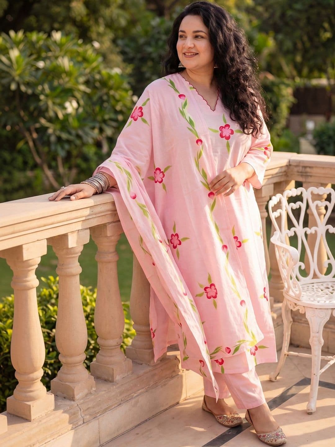 Indo Era Plus Size Pink Printed Straight Kurta Trousers With Dupatta Set - view 1