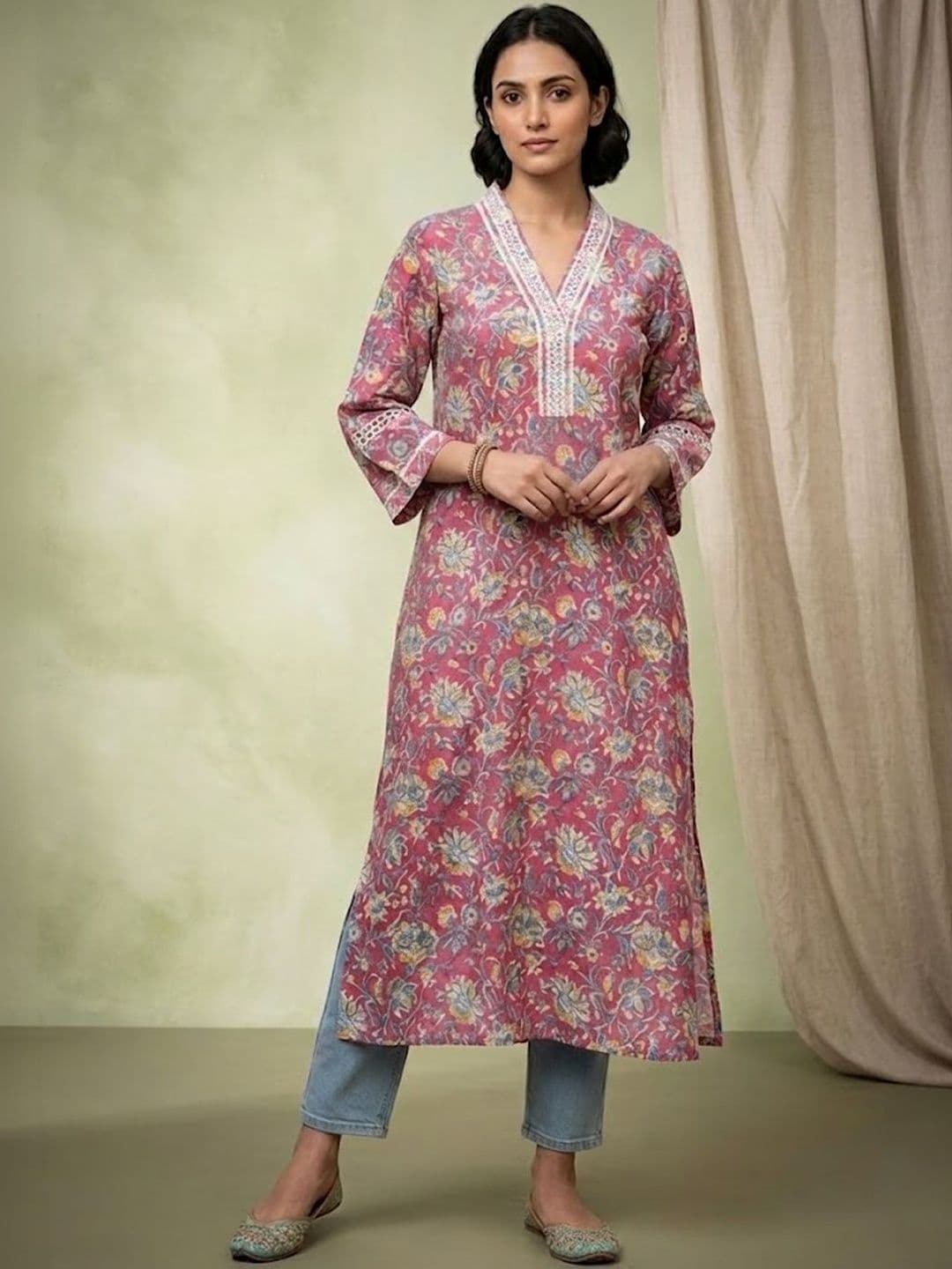 Sangria Printed Cotton V-Neck Calf Length Straight Kurta - view 1