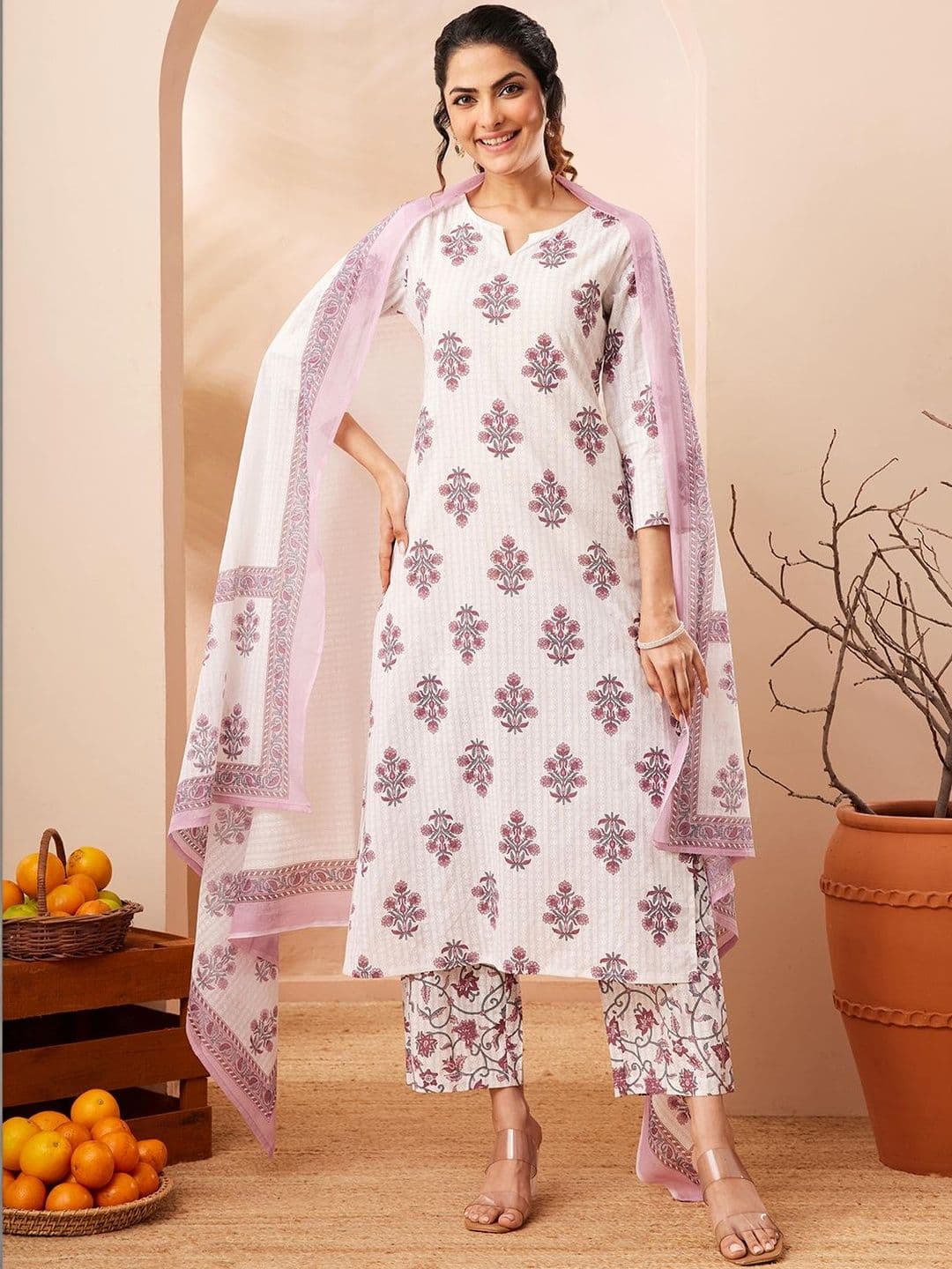 Janasya Women Floral Printed Regular Pure Cotton Kurta with Trousers & With Dupatta - view 1