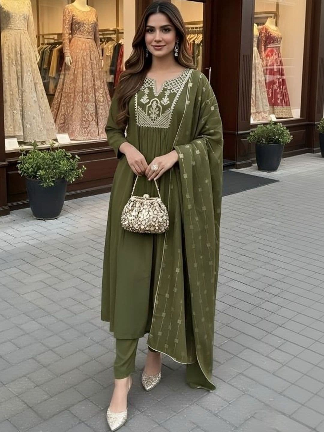 EVANORA Women Ethnic Motifs Embroidered Regular Thread Work Kurta with Trousers & With Dupatta - view 1