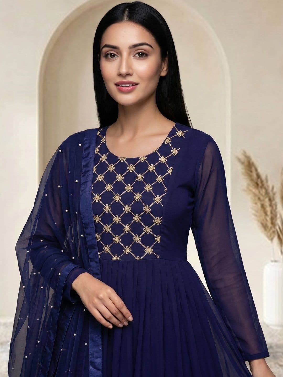 BLACK PATTI Embroidered Round Neck Fit & Flare Anarkali Ethnic Dress With Dupatta - view 1