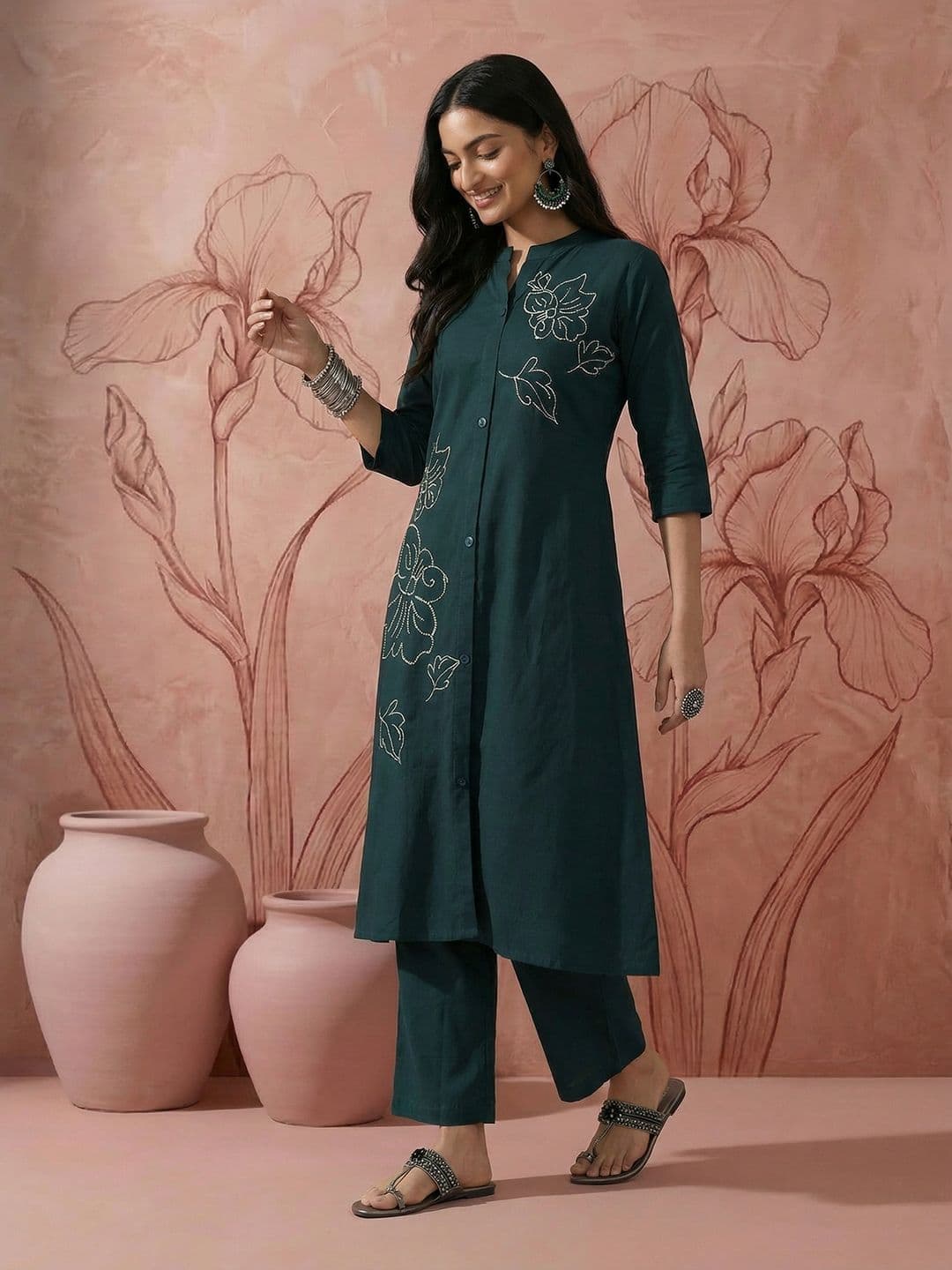 Sangria Floral Embroidered Regular Pure Cotton Kurta with Trouser - view 1