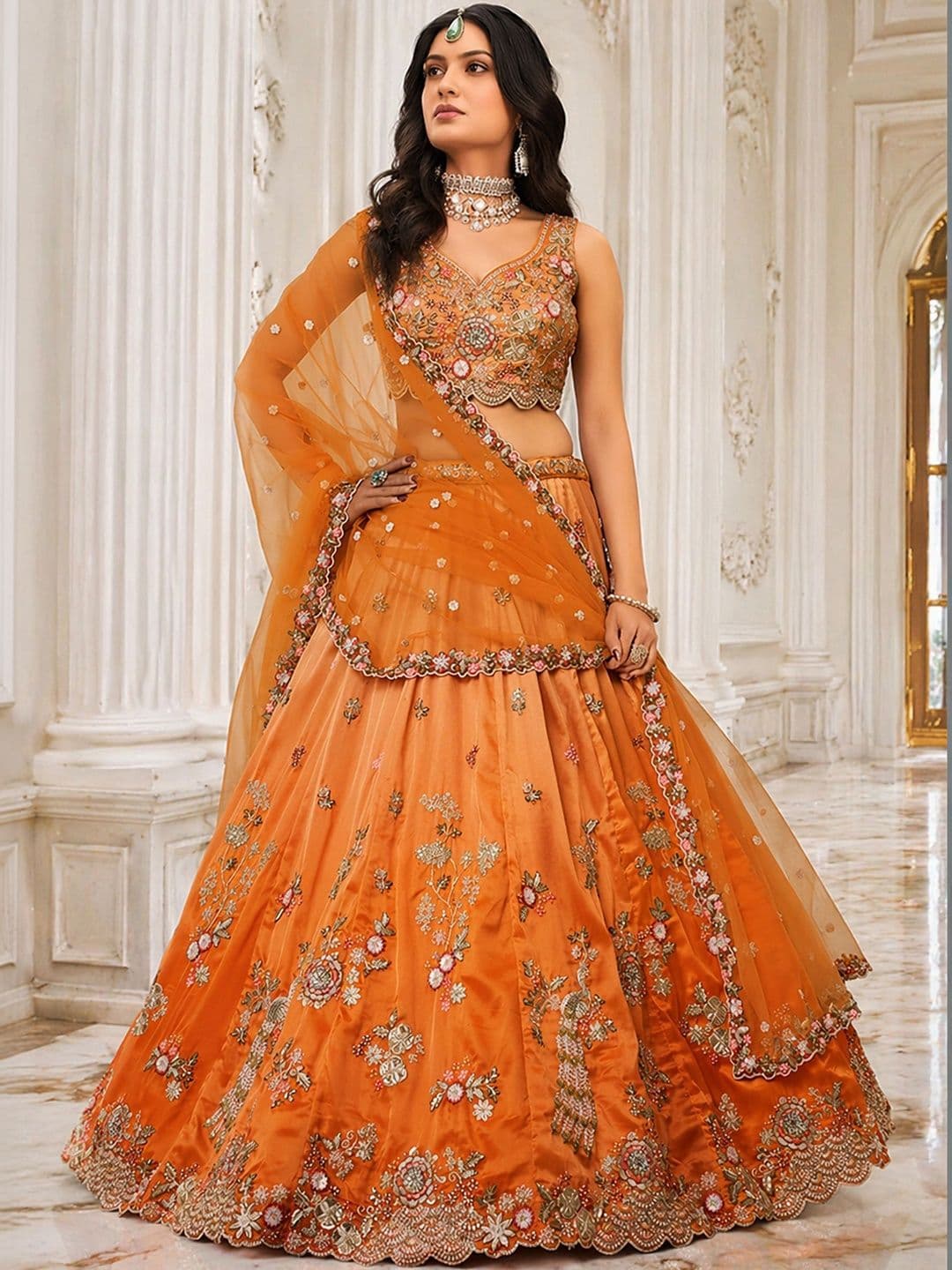 panchhi Orange Embroidered Sequinned Semi-Stitched Lehenga & Unstitched Blouse With Dupatta - view 1
