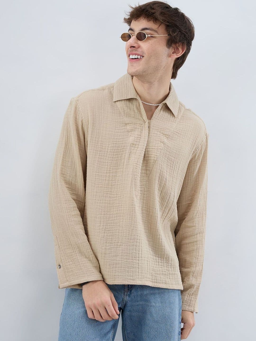 VASTRADO Latte Beige Double Cloth Cuffless Oversized Shirt - view 1