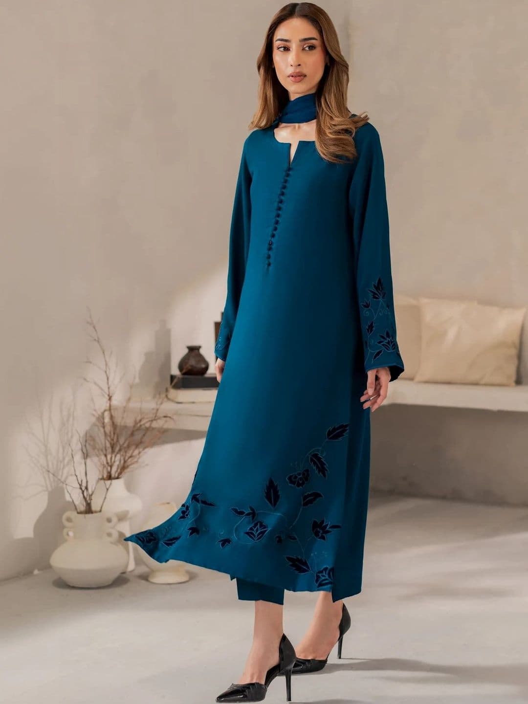 Sangria Floral Embroidered Round Neck Kurta & Trousers With Dupatta - view 1