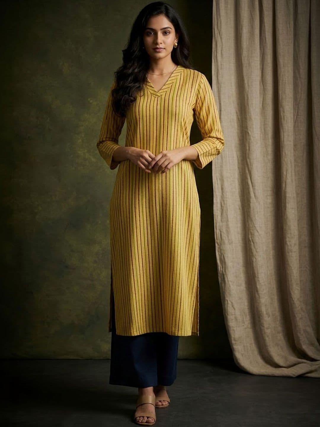 Sangria Striped V-Neck Calf Length Straight Kurta - view 1